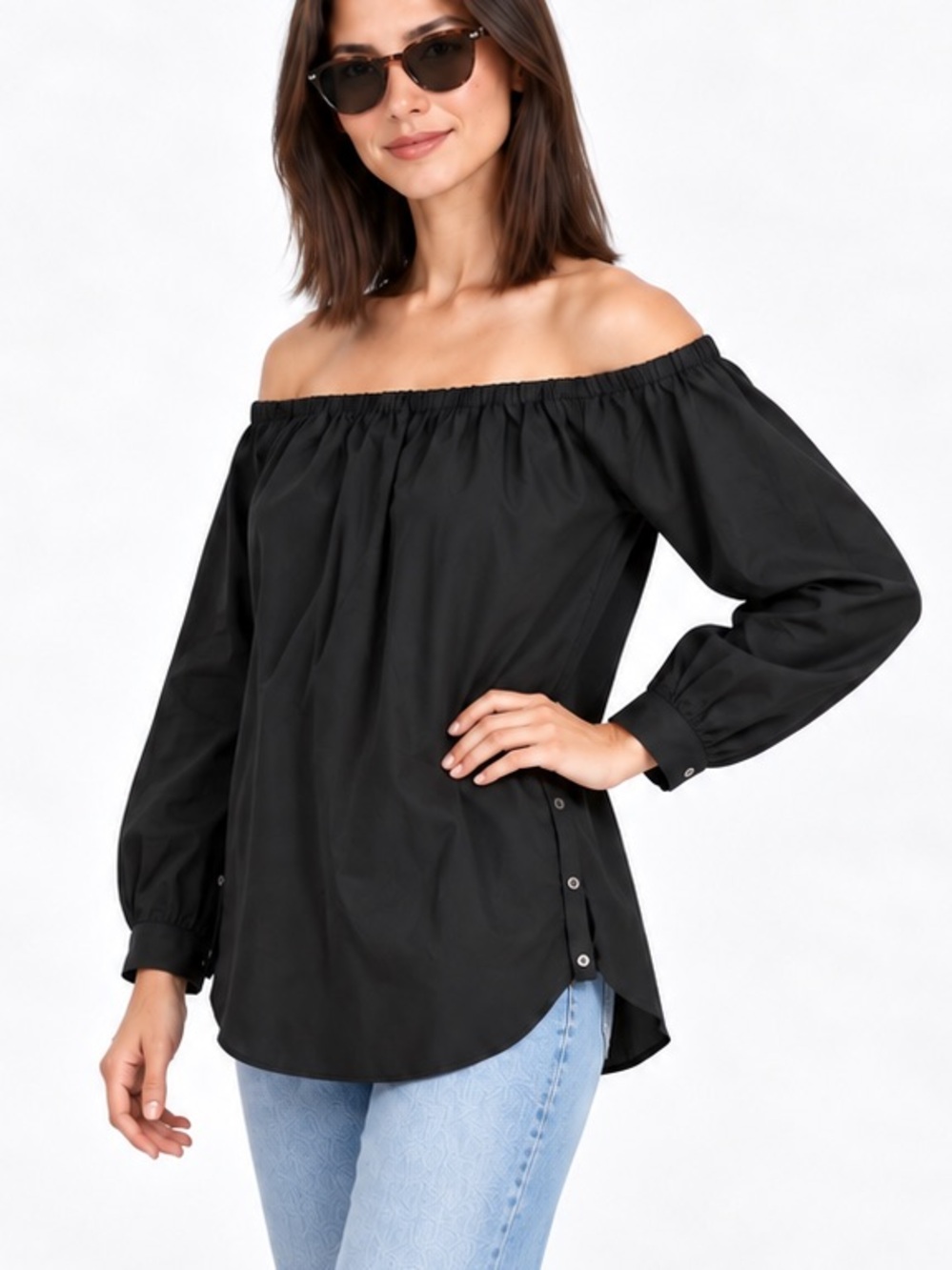 Rag & Bone/JEAN Black Off-the-Shoulder Cotton Blouse Top MEDIUM Resortwear Chic